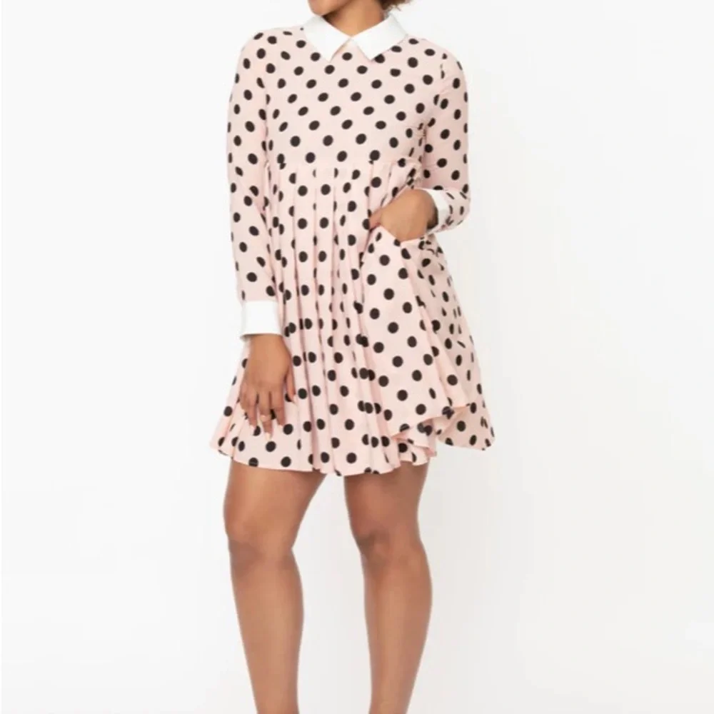 Unique Vintage NWT Black &Pink Polka Dot Peggy Babydoll Dress - Picture 6 of 8